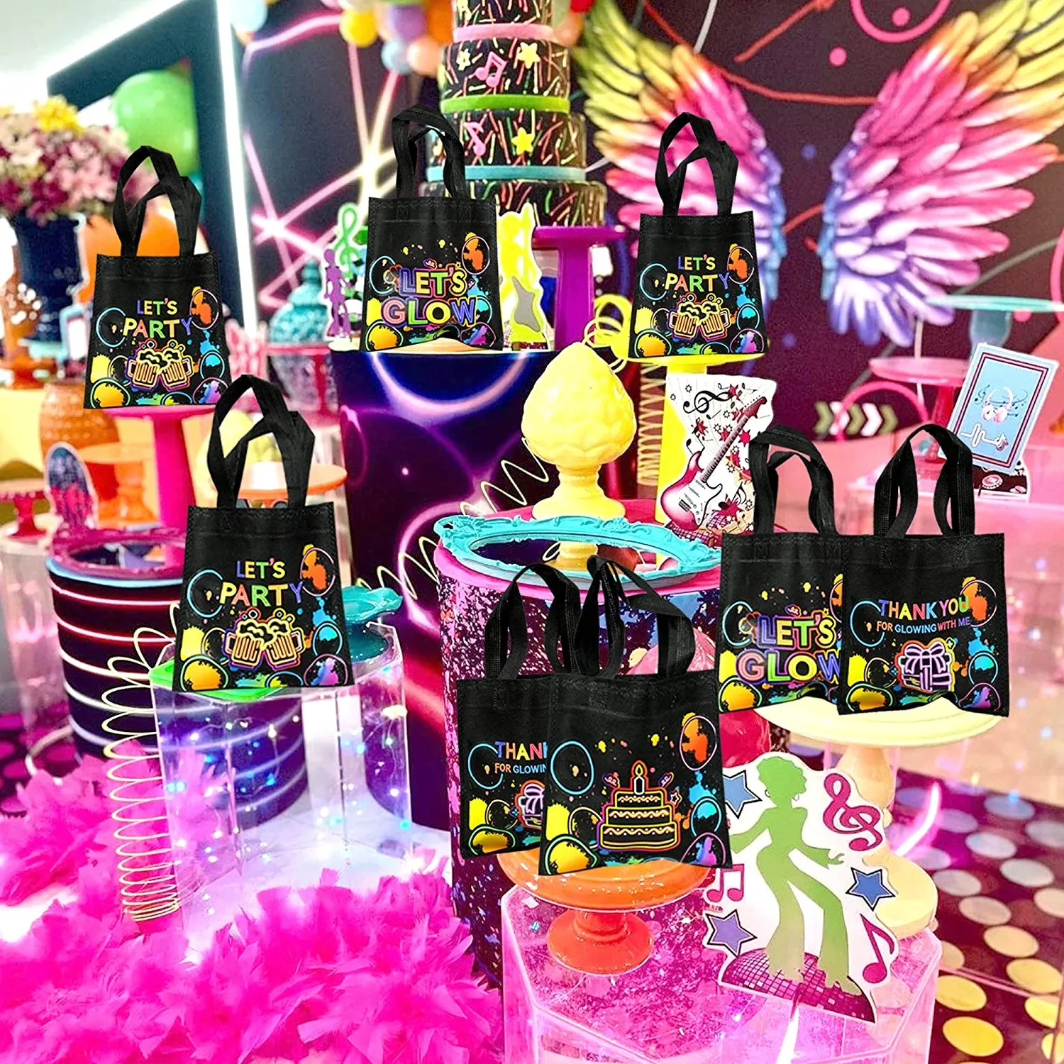 20 PCS Neon Party Favor Bags Glow Birthday Party Supplies Glow in the Dark