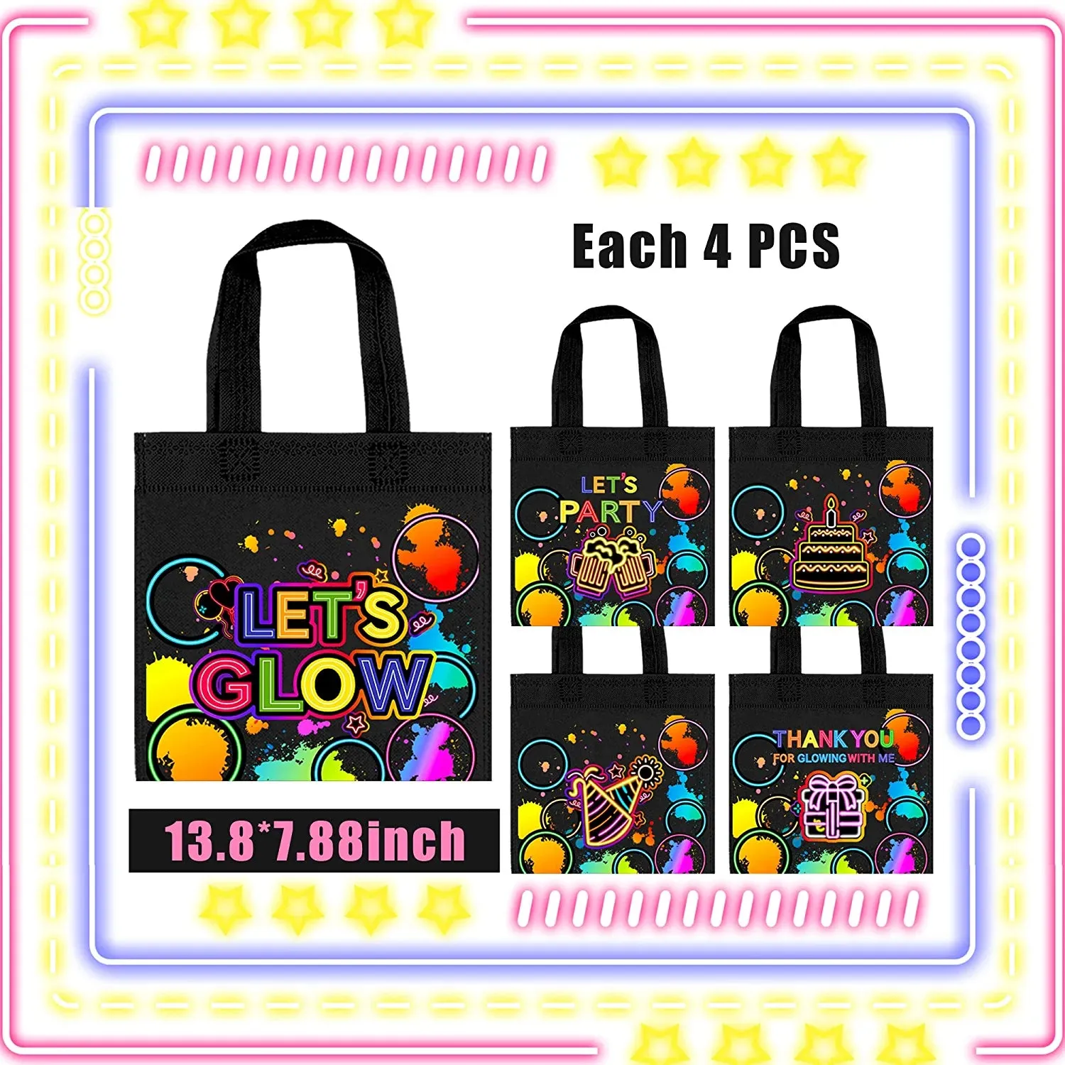 20 PCS Neon Party Favor Bags Glow Birthday Party Supplies Glow in the Dark