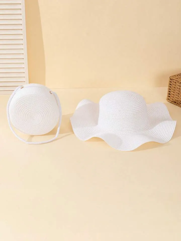 2pcs white woven pattern straw hat & crossbody bag in white