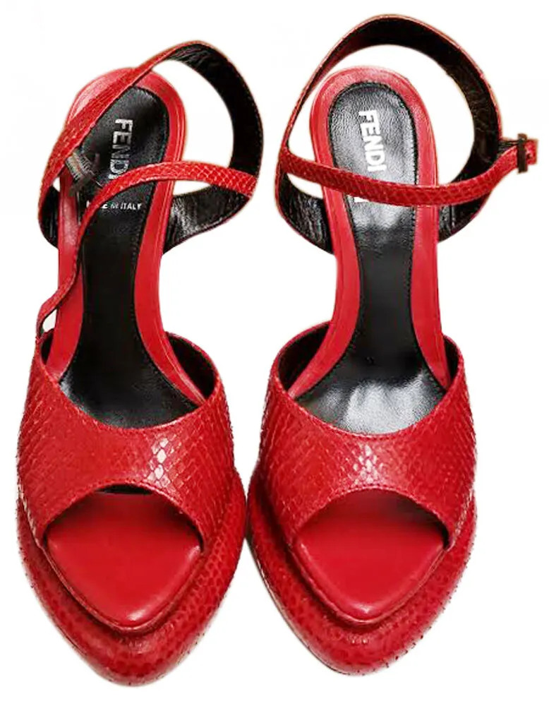 Authentic Fendi Womens Exquisite Red Snake Skin Platform High Heel Shoes Size 36