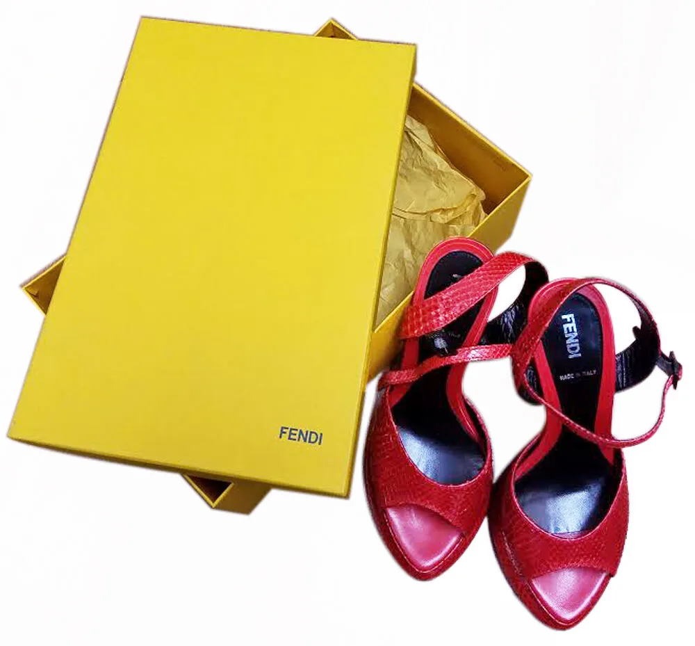 Authentic Fendi Womens Exquisite Red Snake Skin Platform High Heel Shoes Size 36