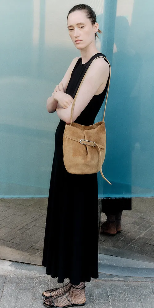 Belted Bucket Bag Beige Suede
