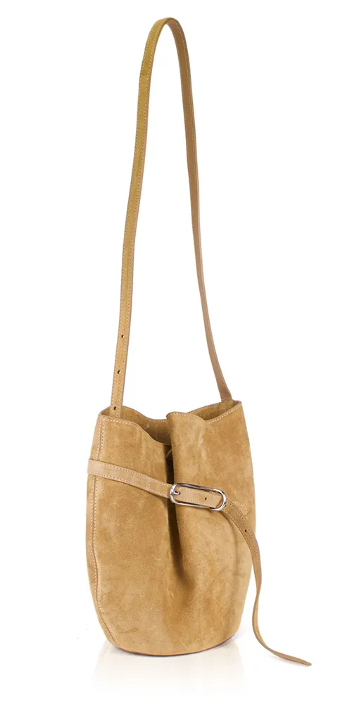 Belted Bucket Bag Beige Suede