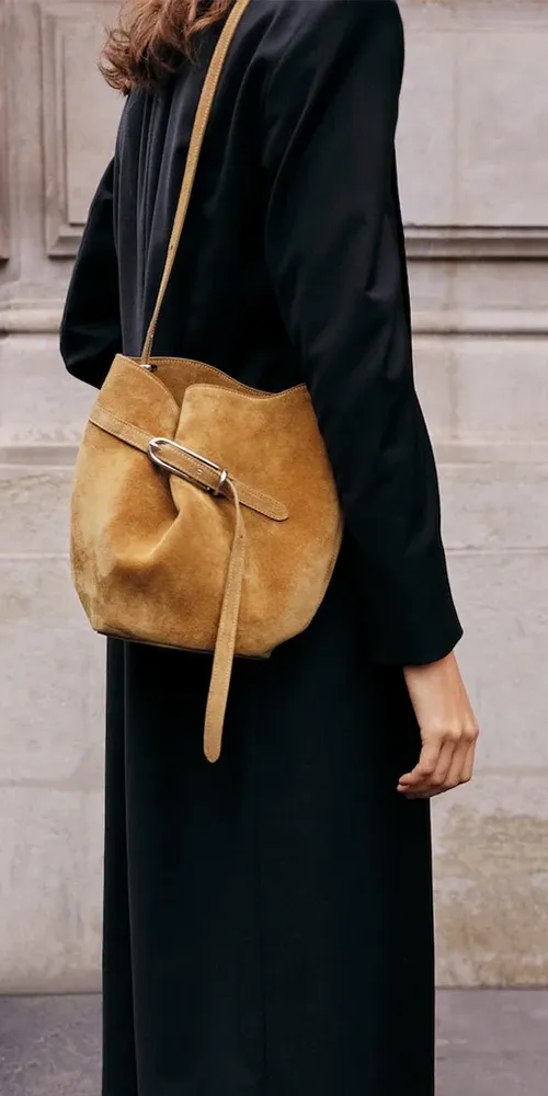 Belted Bucket Bag Beige Suede