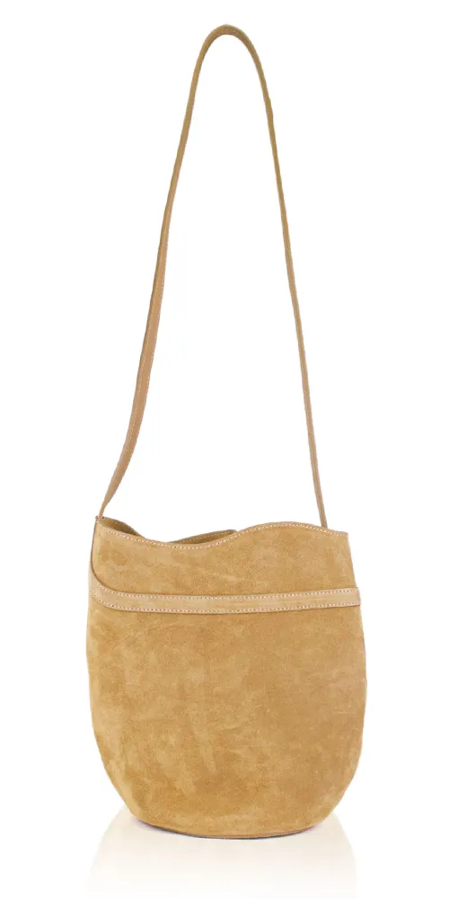 Belted Bucket Bag Beige Suede