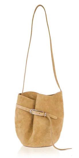 Belted Bucket Bag Beige Suede