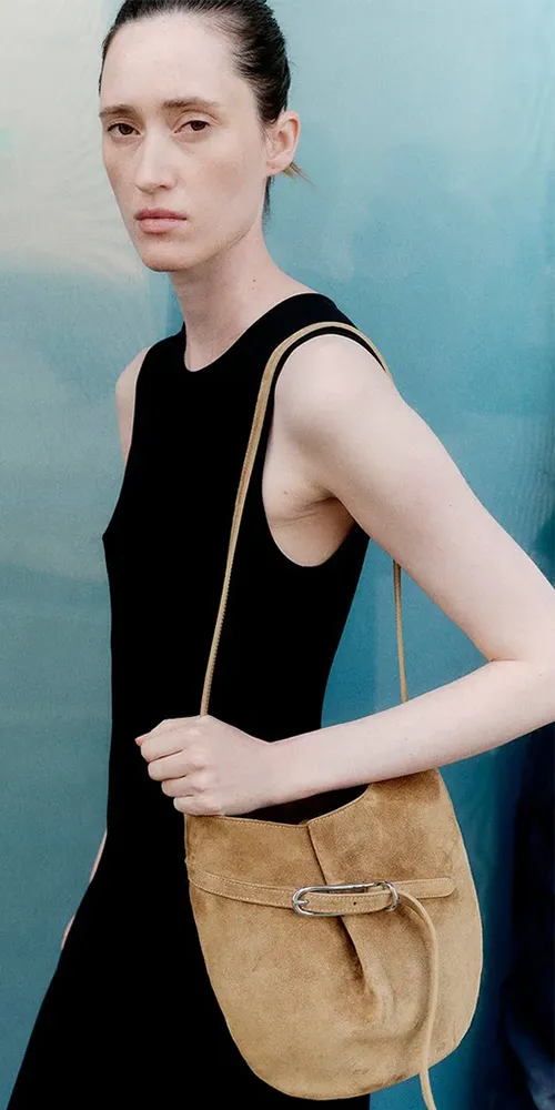 Belted Bucket Bag Beige Suede