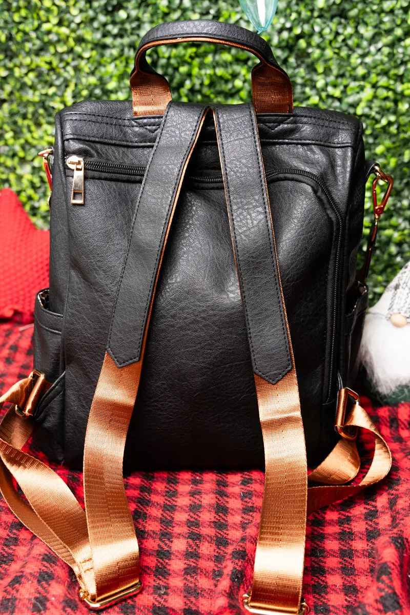 Black Faux Leather Anti-Theft Backpack Tote