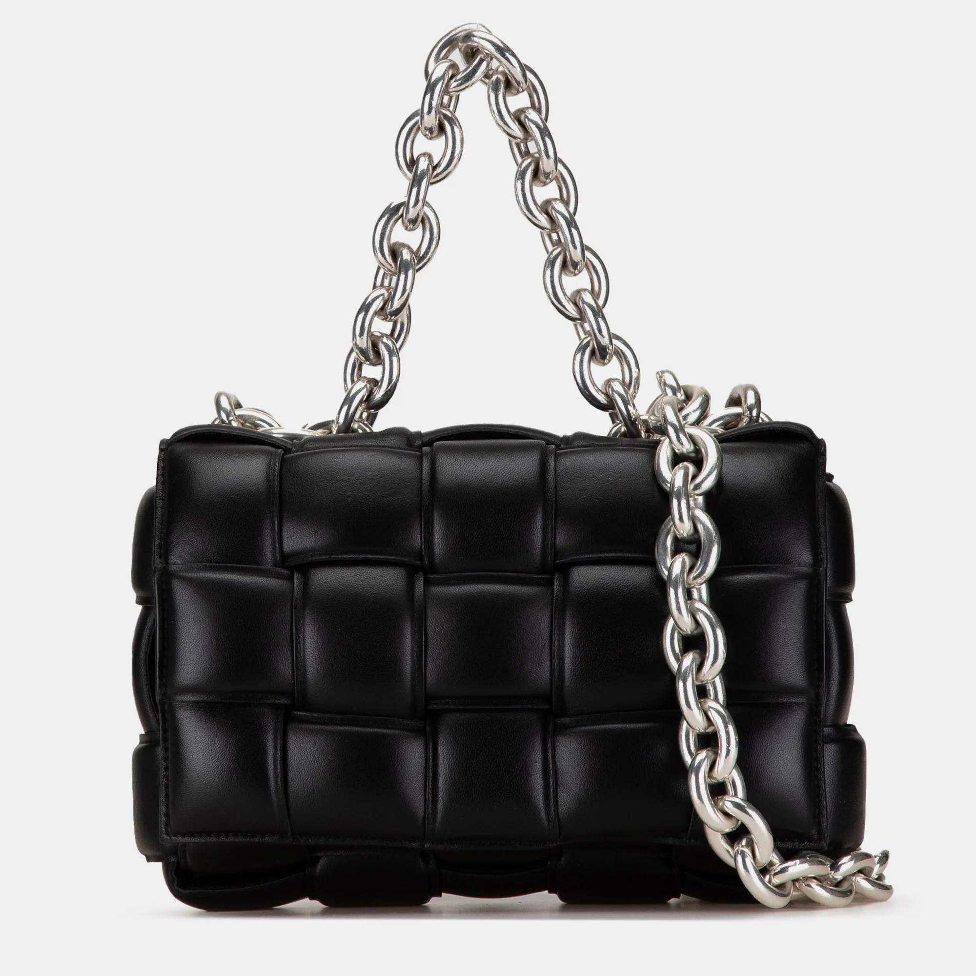 Black Lambskin Leather Intrecciato Padded Chain Cassette Satchel Bag