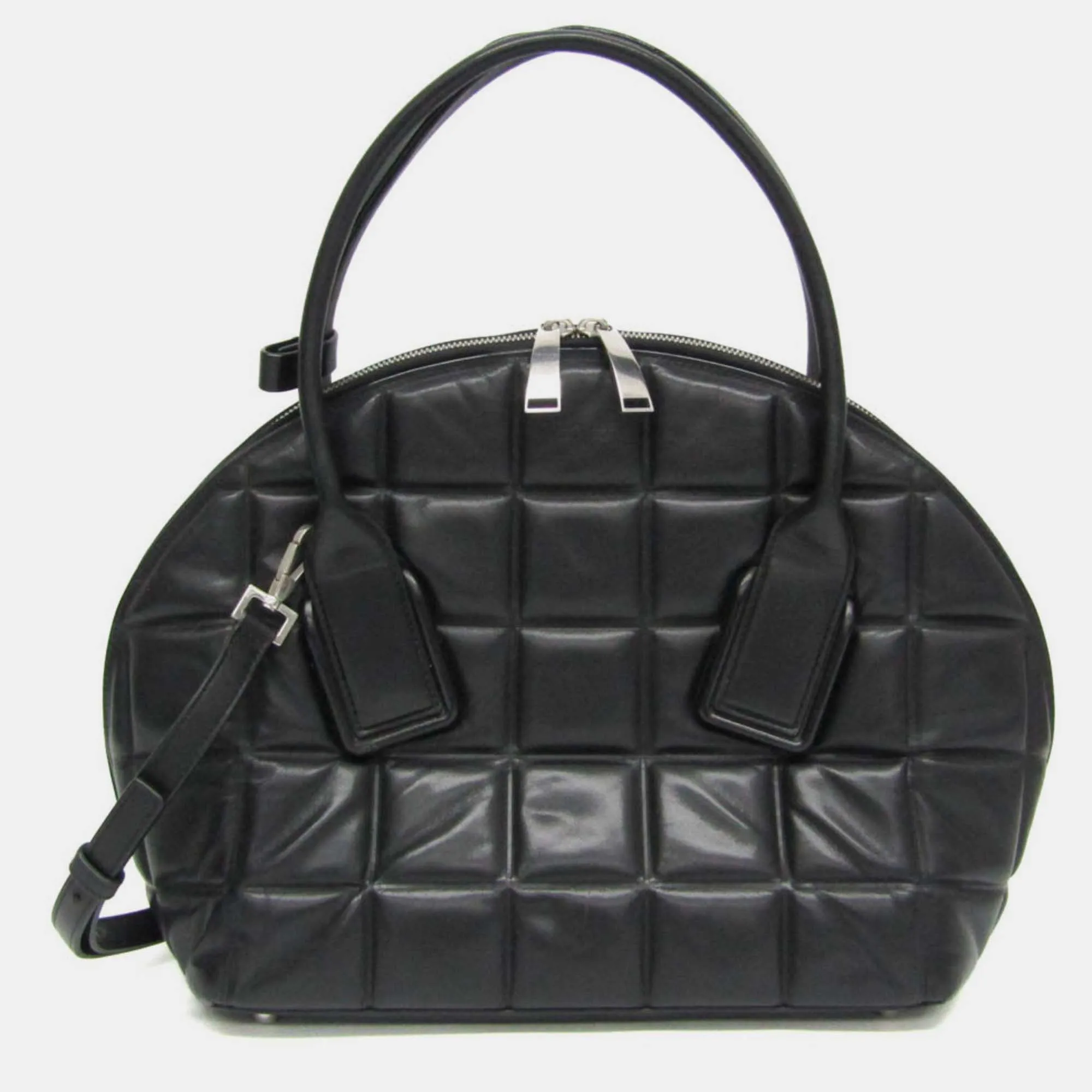 Black Padded Leather Medium BV Swoop Top Handle Bag