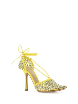 BOTTEGA VENETA Womens Yellow Tie Ankle Strap Embellished Square Toe Stiletto Slip On Pumps Shoes