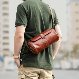 Brown Leather Mens Casual Bucket Shoulder Bag Barrel Messenger Bags Postman Bag For Men