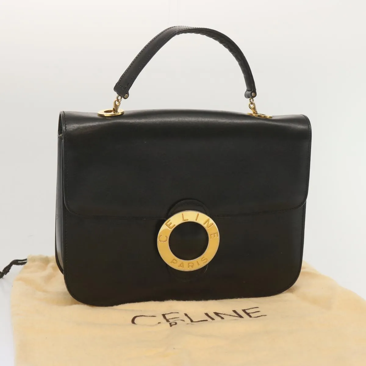 CELINE Circle Hand Bag Leather Black Auth bs12765