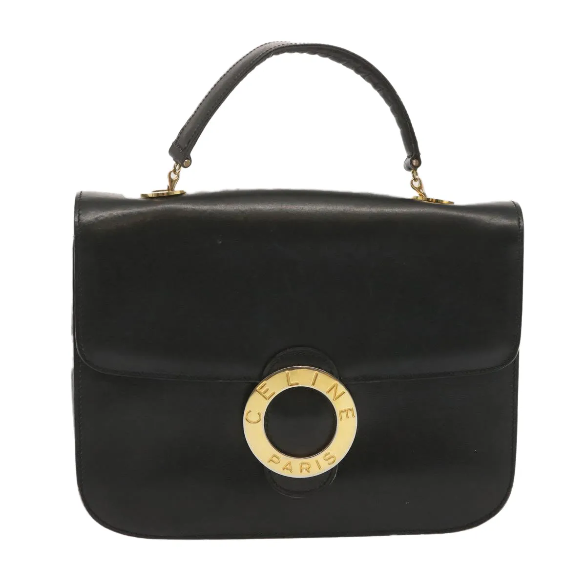 CELINE Circle Hand Bag Leather Black Auth bs12765