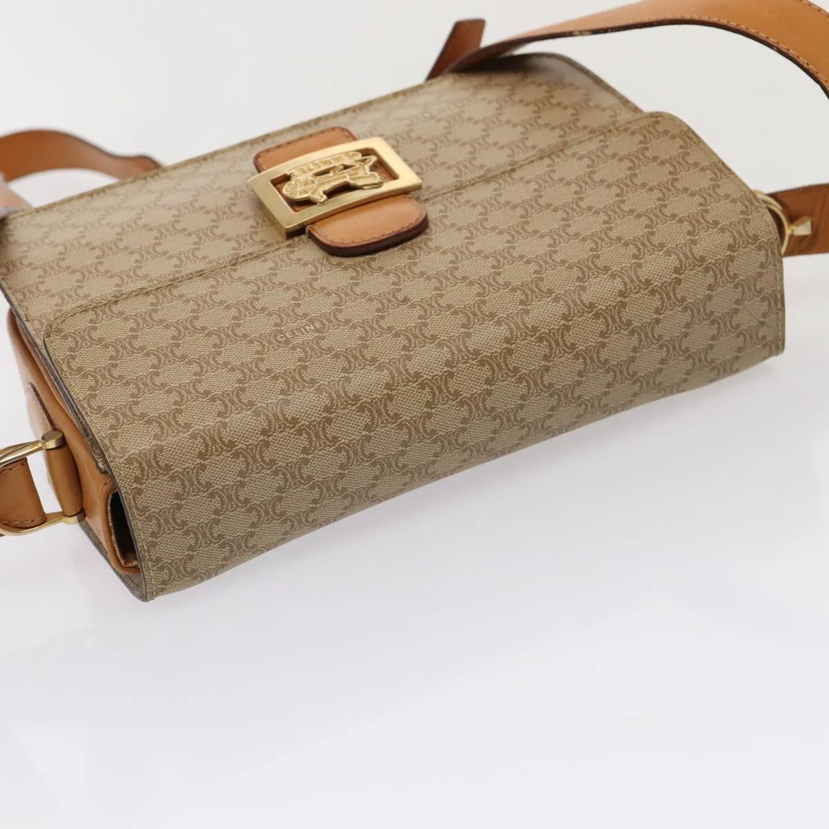 CELINE Macadam Canvas Horse Carriage Shoulder Bag Beige Gold Auth 86168