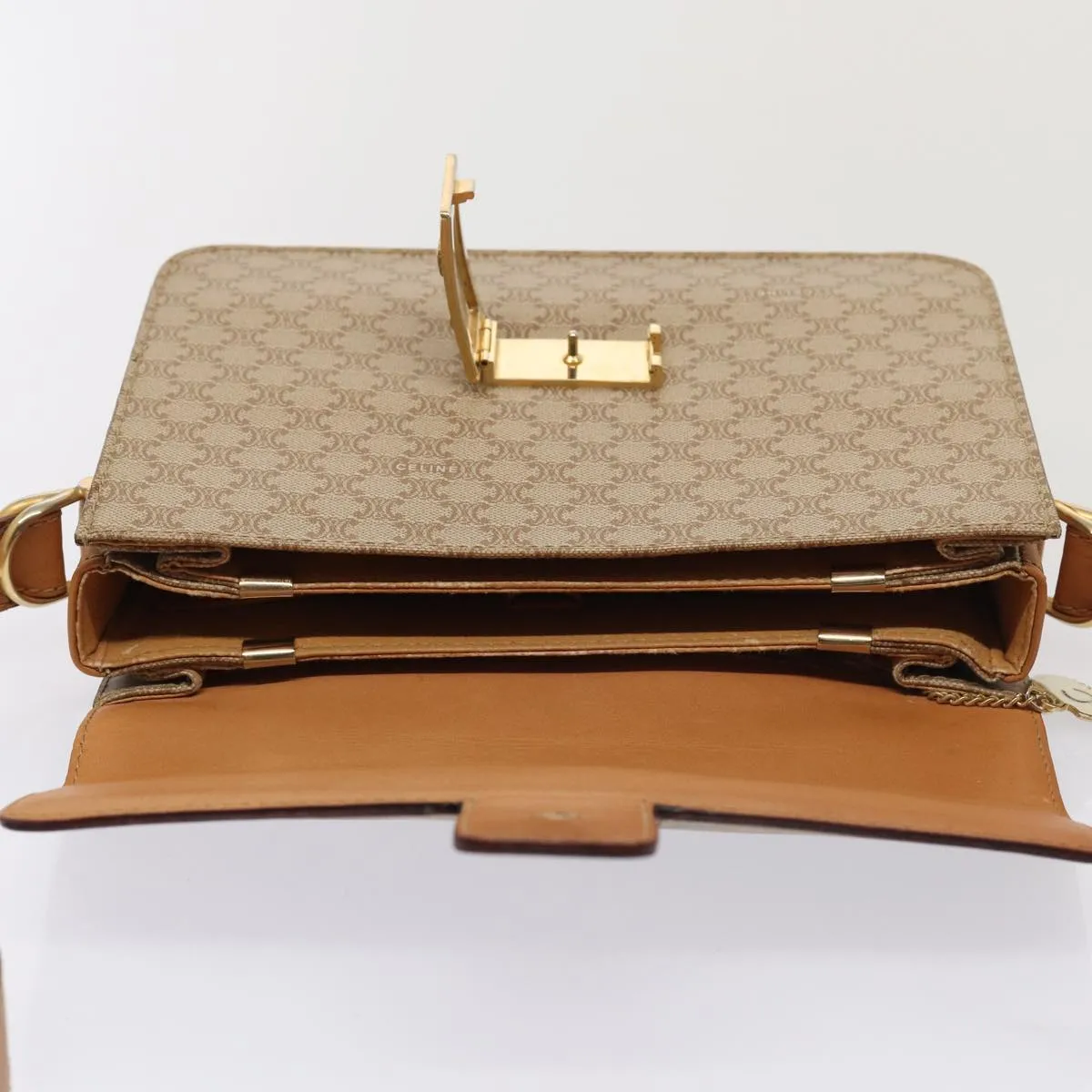 CELINE Macadam Canvas Horse Carriage Shoulder Bag Beige Gold Auth 86168