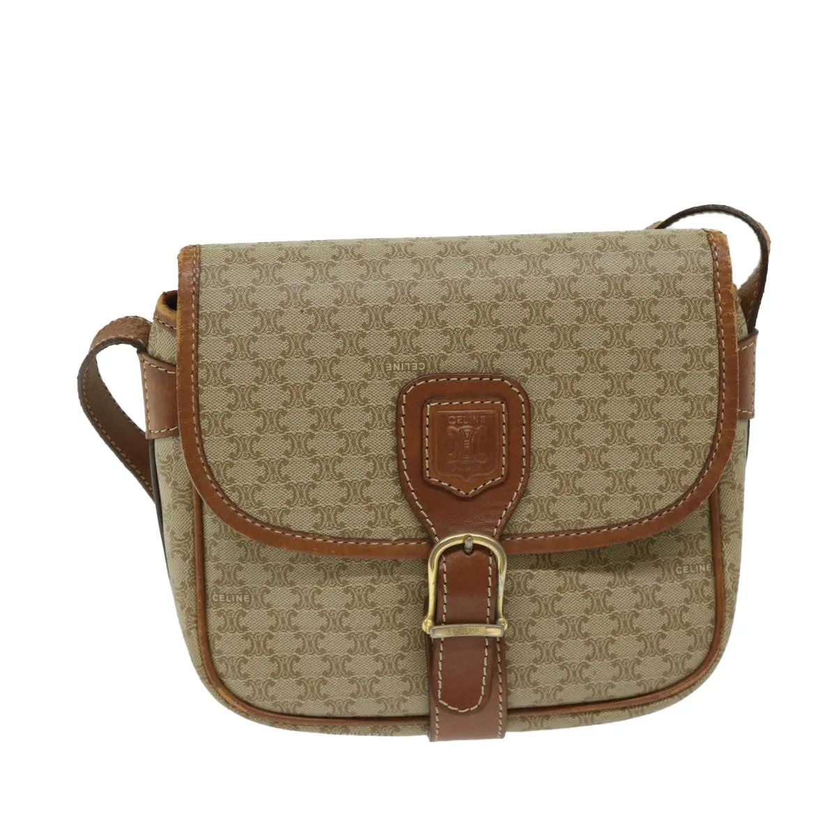 CELINE Macadam Canvas Shoulder Bag Beige Auth 68025