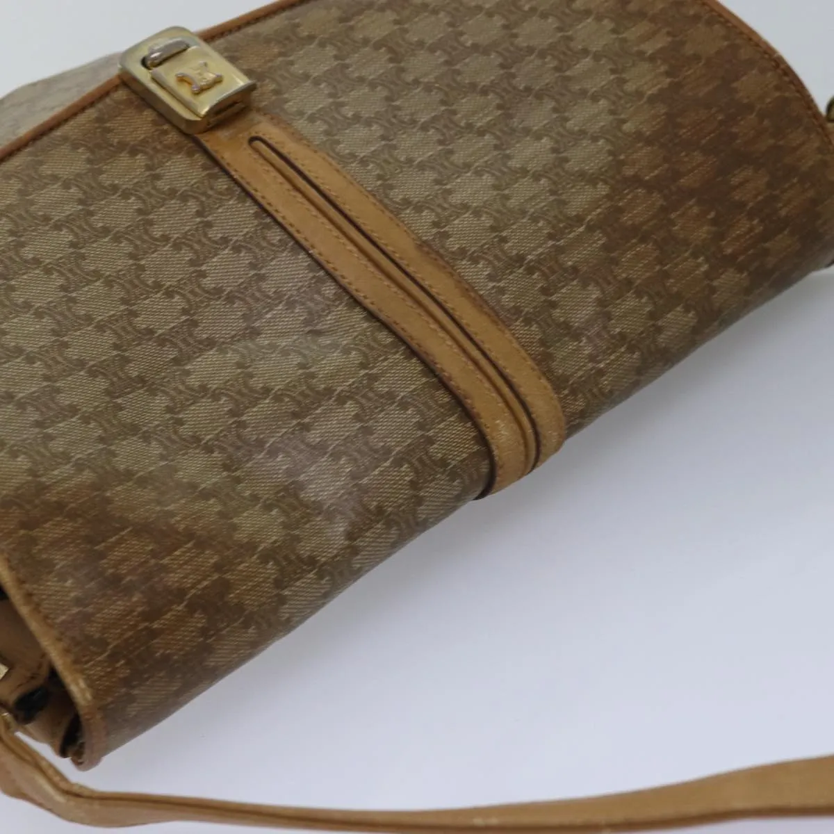 CELINE Macadam Canvas Shoulder Bag PVC Leather Beige Auth 77453