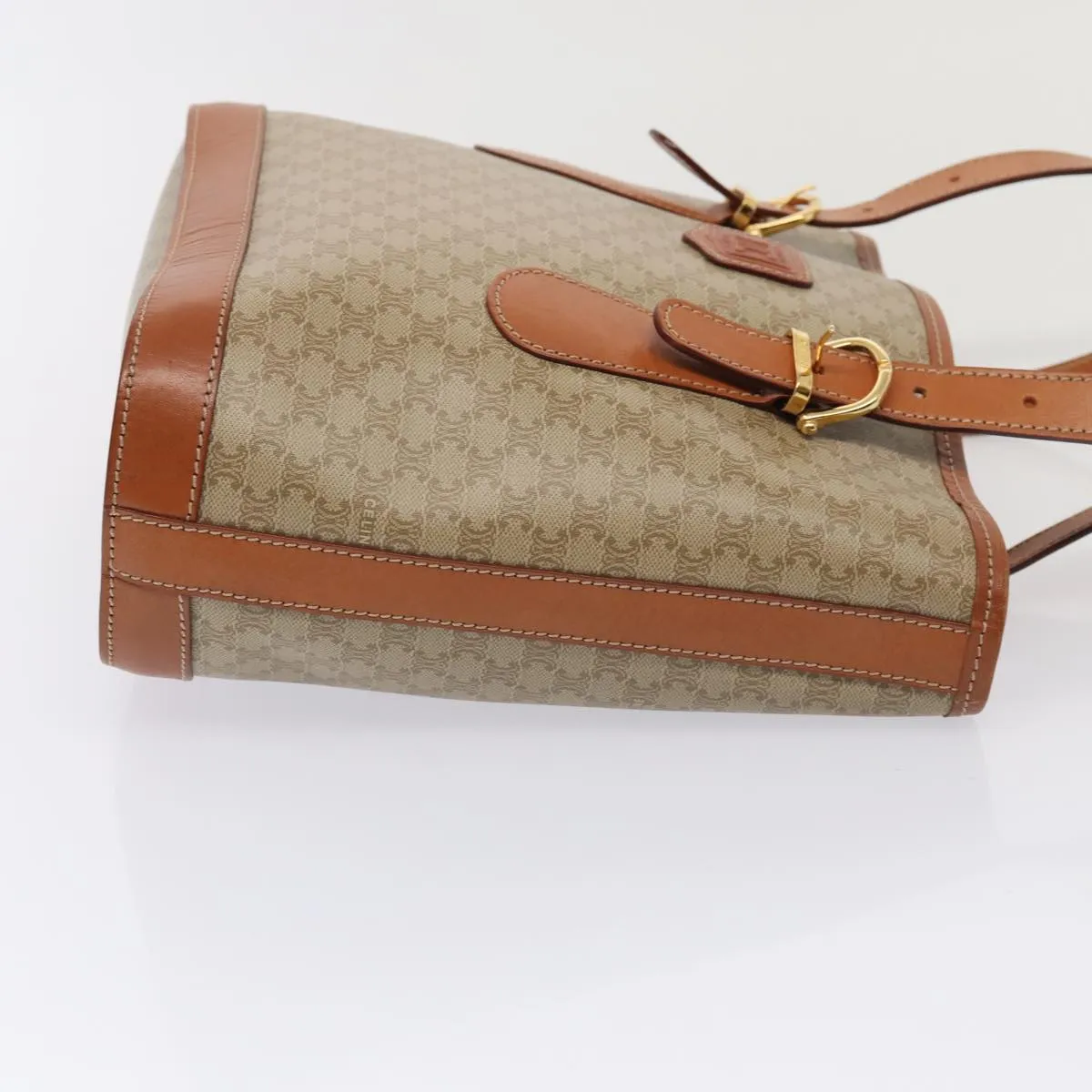 CELINE Macadam Canvas Tote Bag Beige Gold Auth 88763