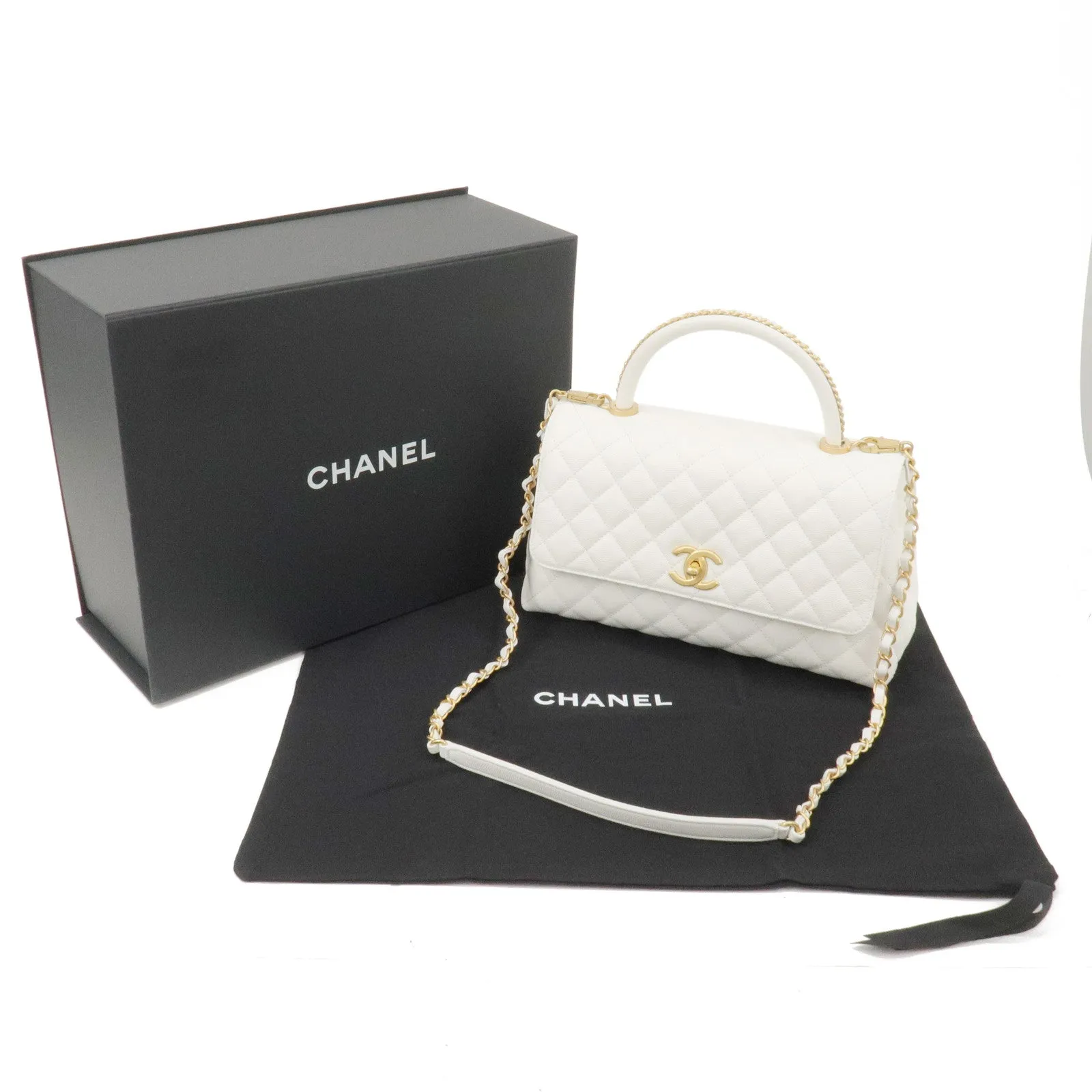 CHANEL Matelasse Caviar Skin COCO Handle 28 2Way Bag White A92991