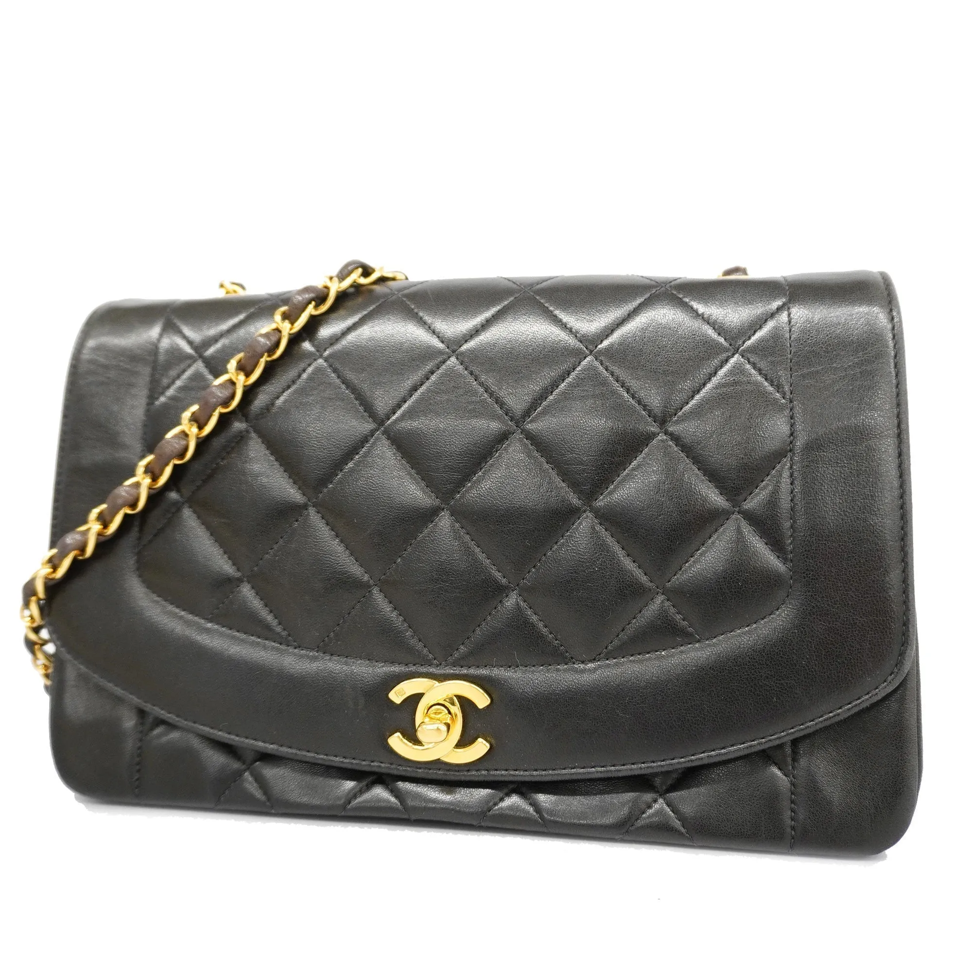 CHANEL[3ca0445]   Shoulder Bag Matelasse Diana Flap Single Chain Lambskin Black Gold metal
