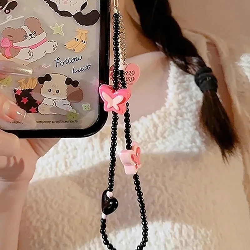 Cute Heart Shape Flower Pc Silica Gel Soft Clay Inlay Artificial Pearls Women's Mobile Phone Chain 1 Piece