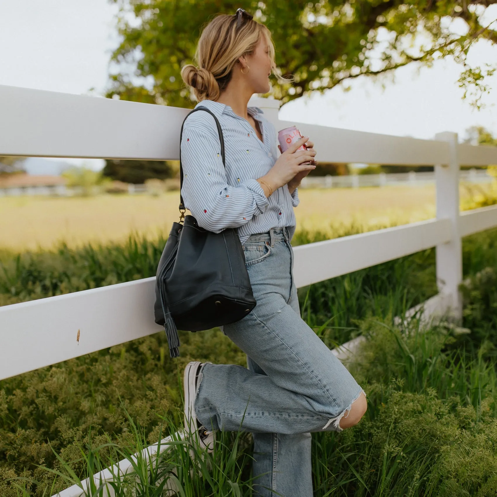 DRAWSTRING BUCKET BAG - FULL LEATHER - SLATE