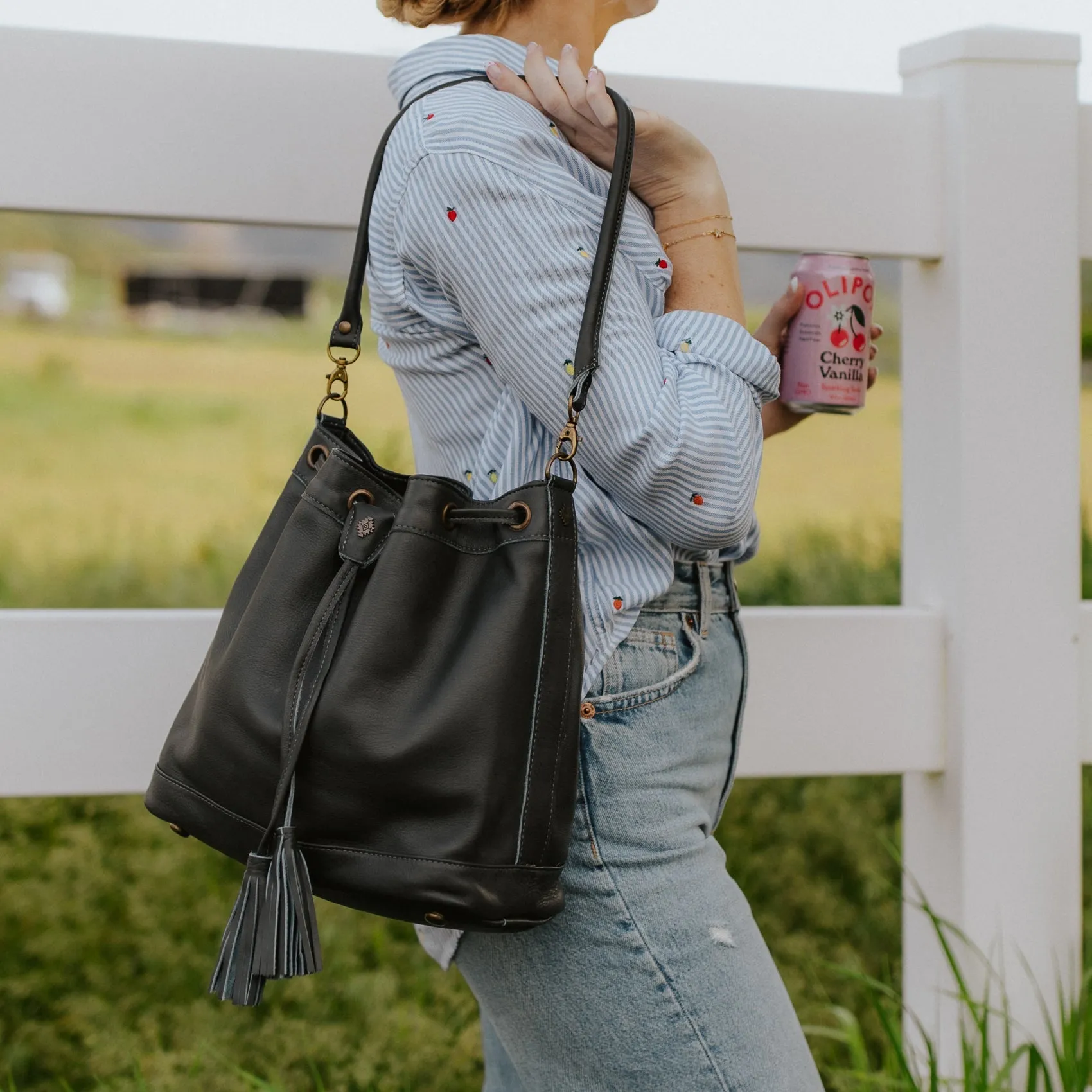 DRAWSTRING BUCKET BAG - FULL LEATHER - SLATE