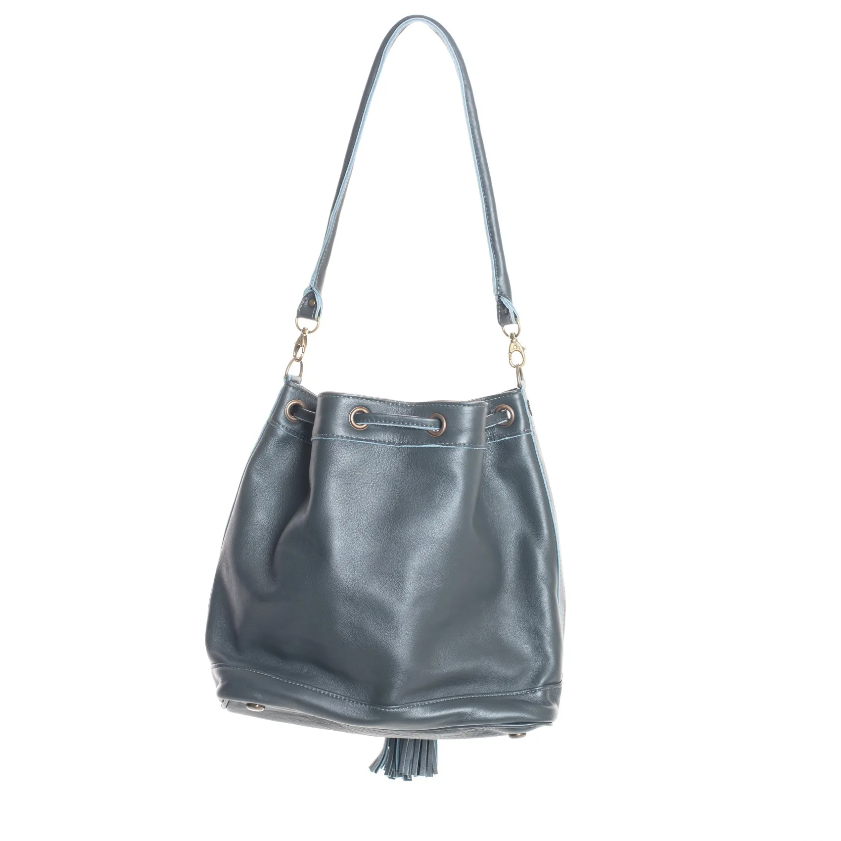 DRAWSTRING BUCKET BAG - FULL LEATHER - SLATE