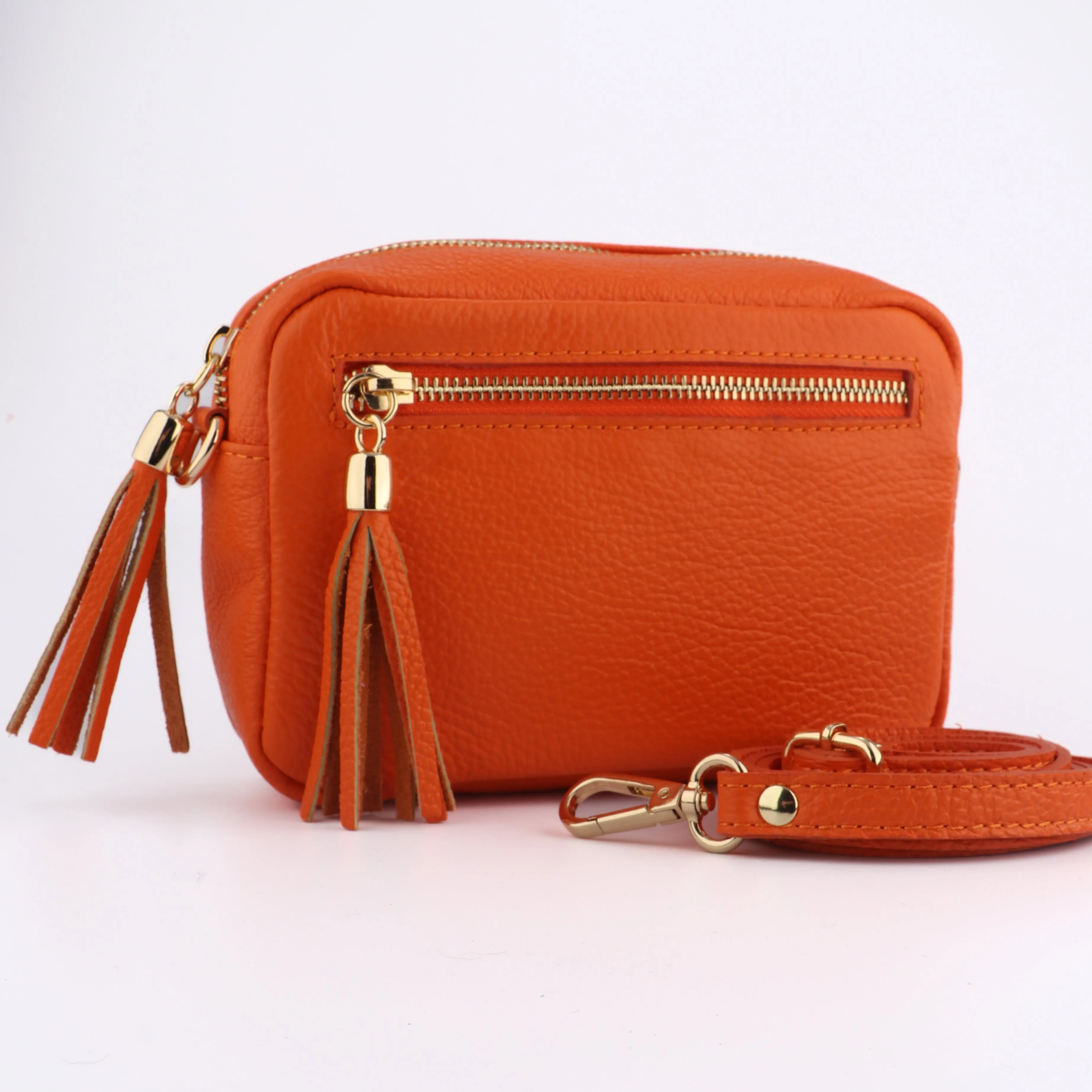 Fleur - Italian Leather Crossbody Bag - Orange, Pebbled