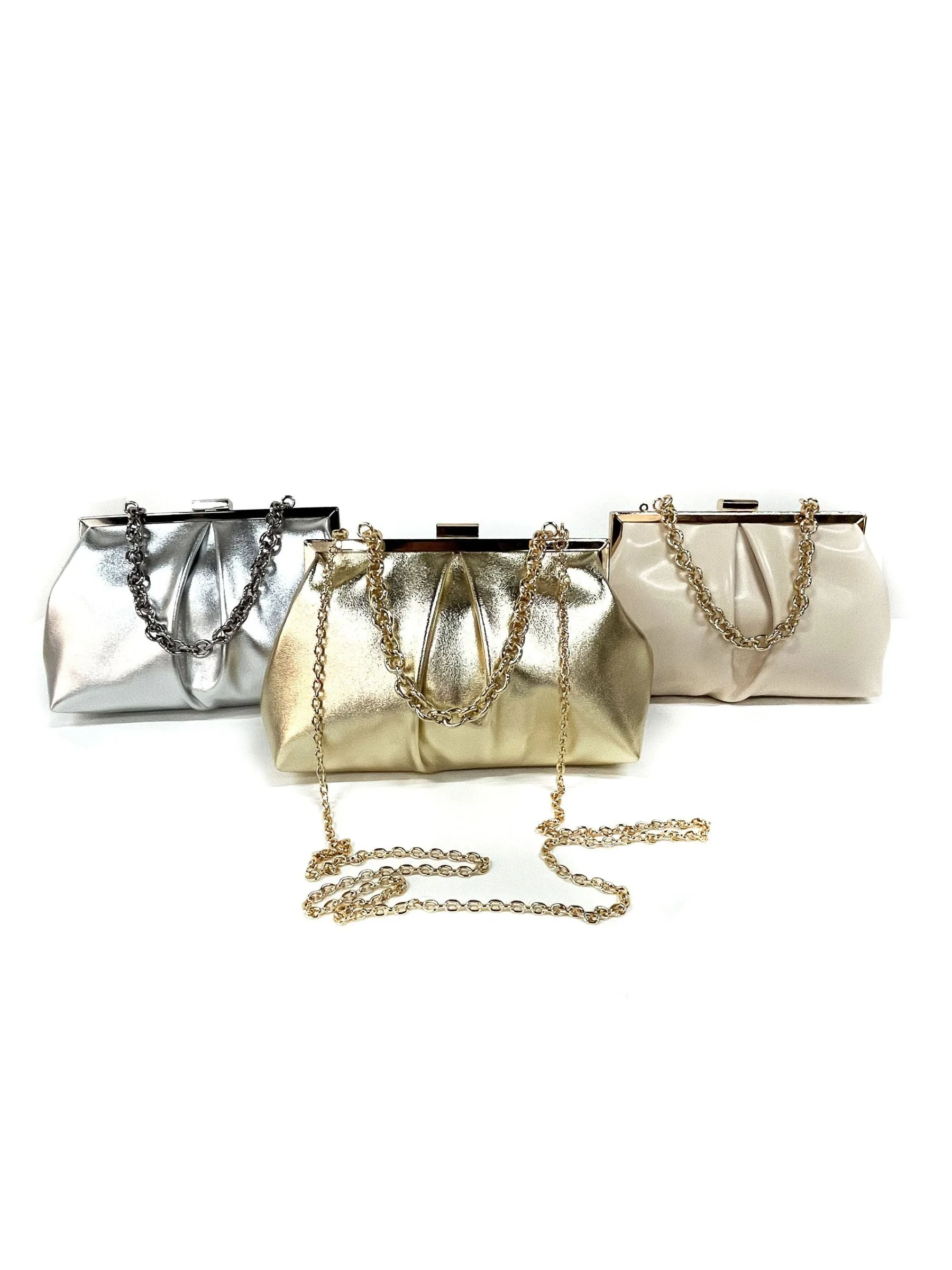 Gold Elegant Metallic Chain Clutch Bag With Ruffles