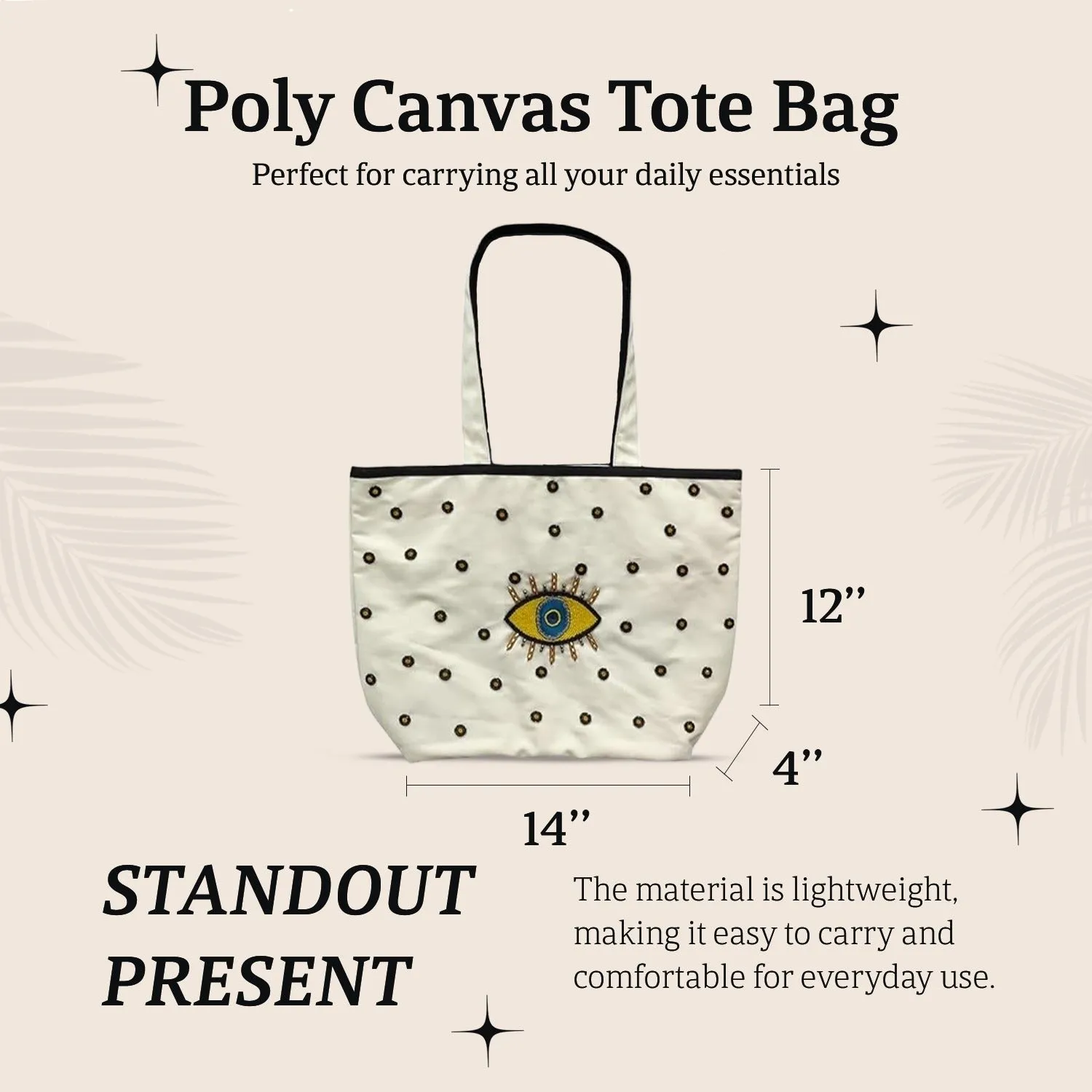HHH Designs Poly Canvas Digital Printed Tote  Bag with Evil Eye Print and Beaded Embroidery
