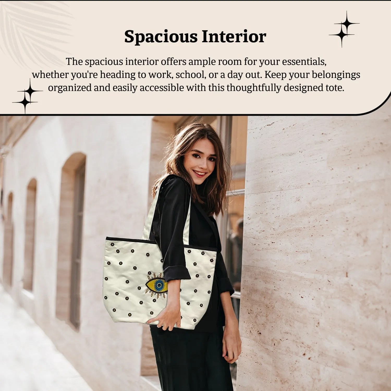 HHH Designs Poly Canvas Digital Printed Tote  Bag with Evil Eye Print and Beaded Embroidery