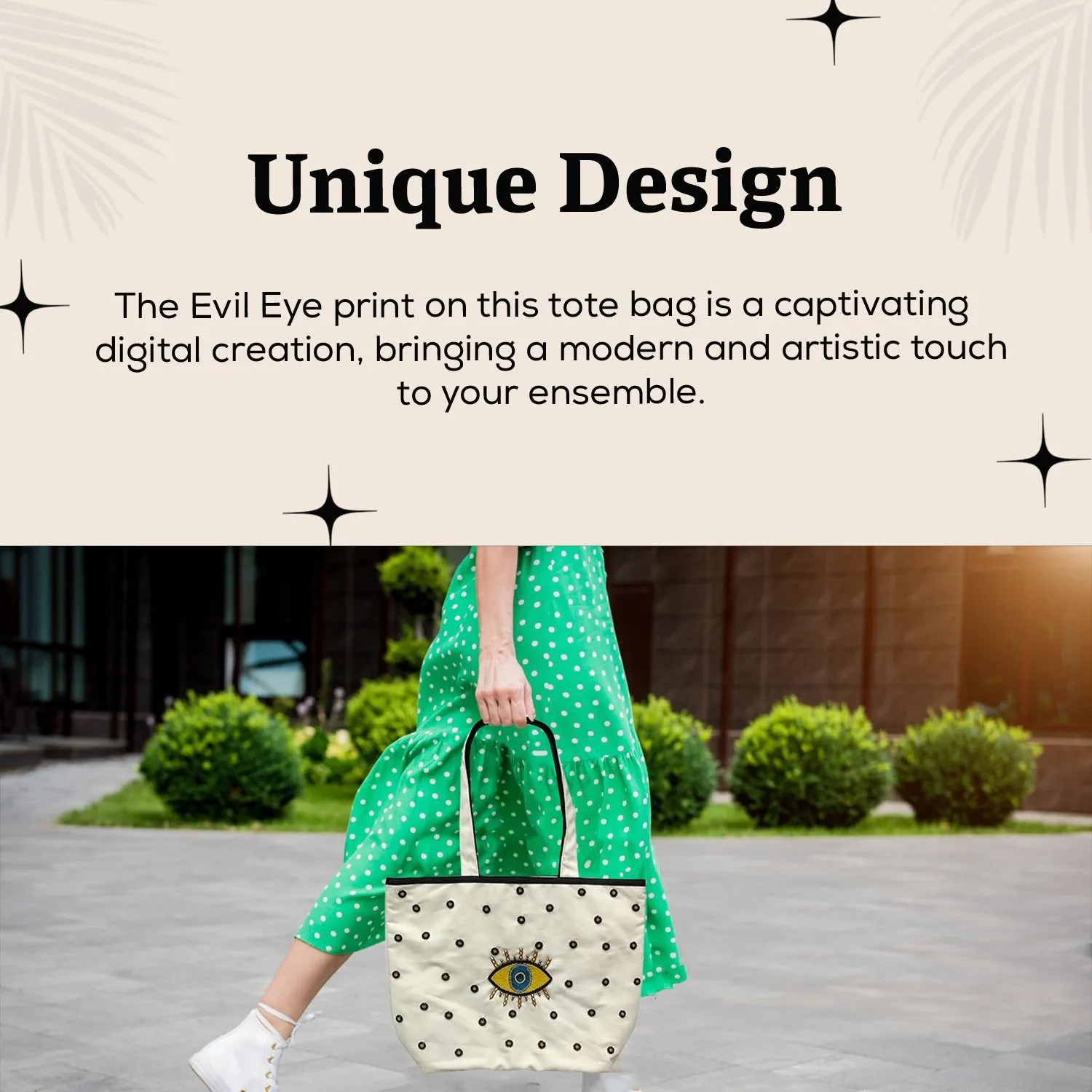 HHH Designs Poly Canvas Digital Printed Tote  Bag with Evil Eye Print and Beaded Embroidery