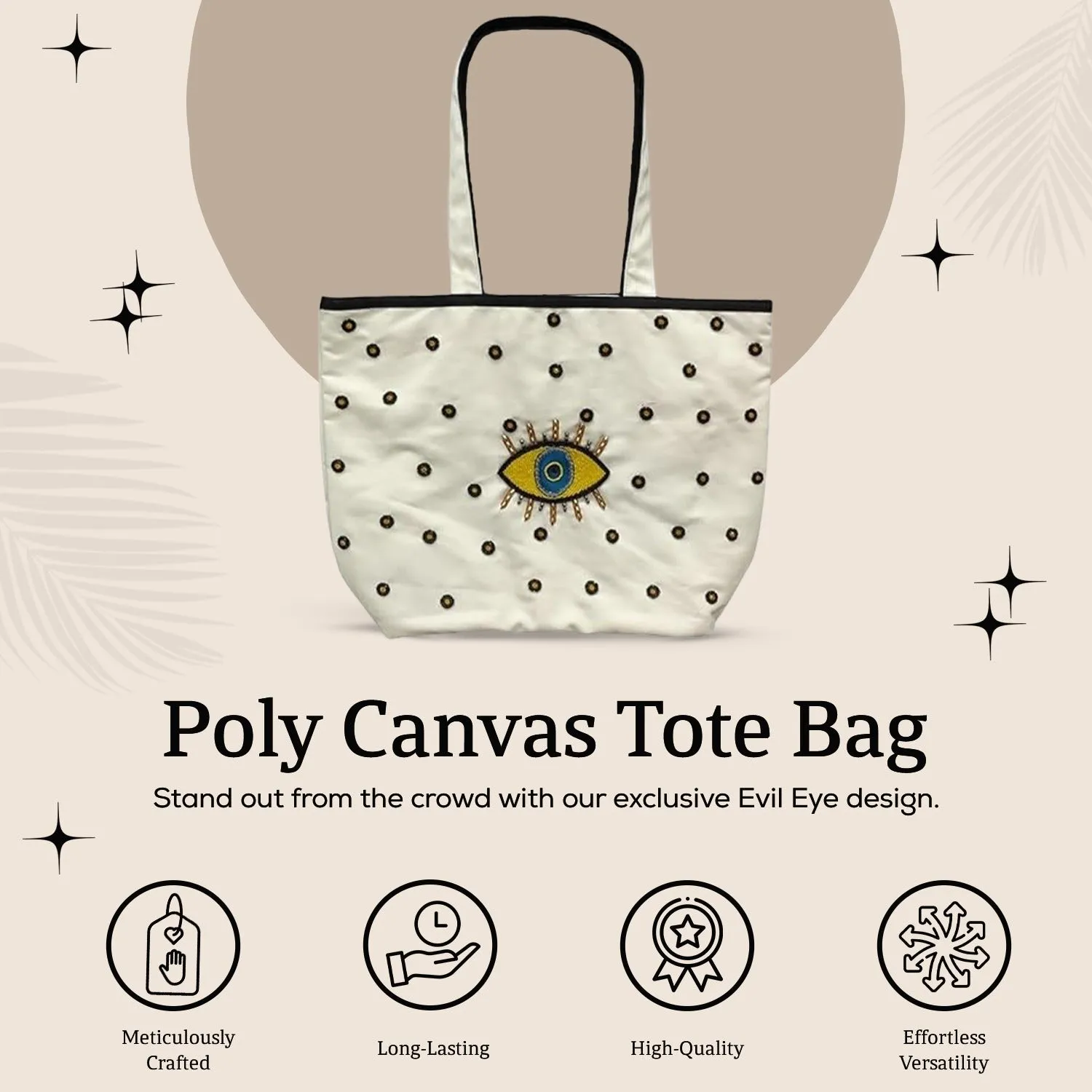 HHH Designs Poly Canvas Digital Printed Tote  Bag with Evil Eye Print and Beaded Embroidery