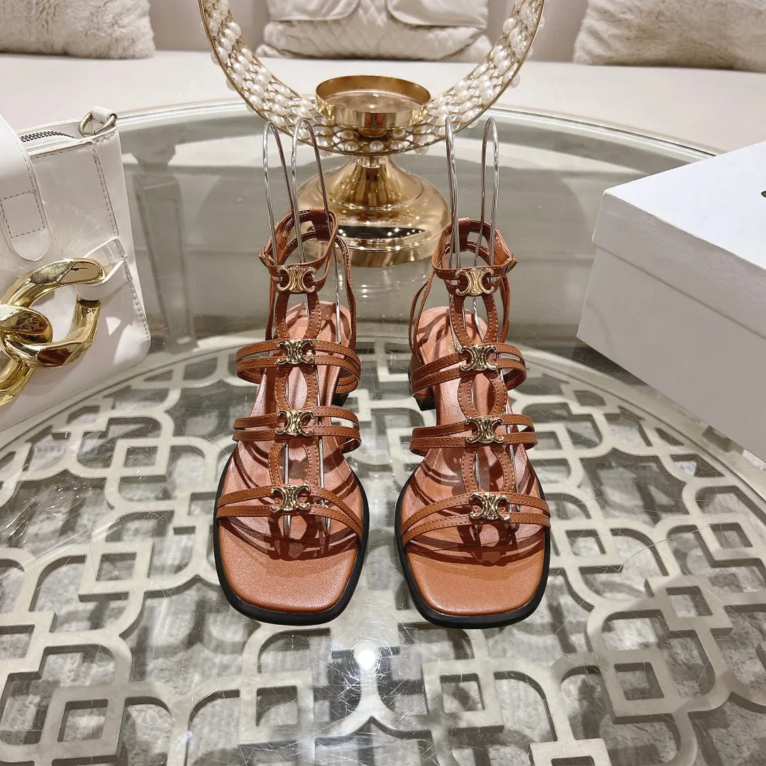 HIGH 45MM BLOCK HEEL SANDAL IN RUSSET BROWN LAMBSKIN