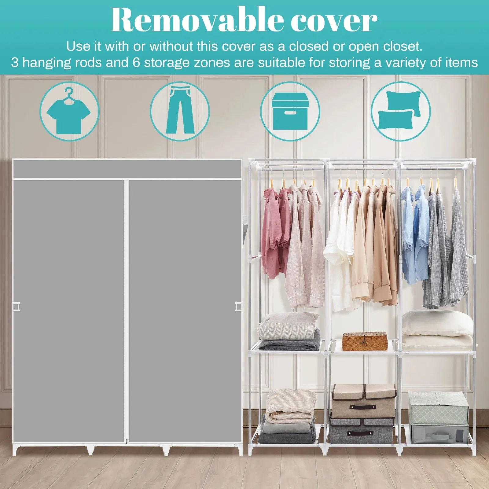 HONEIER Portable Closet Storage Organizer Clothes Wardrobe Shoe Clothing Rack Shelf Dustproof Non-woven Fabric, Quick and Easy to Assemble