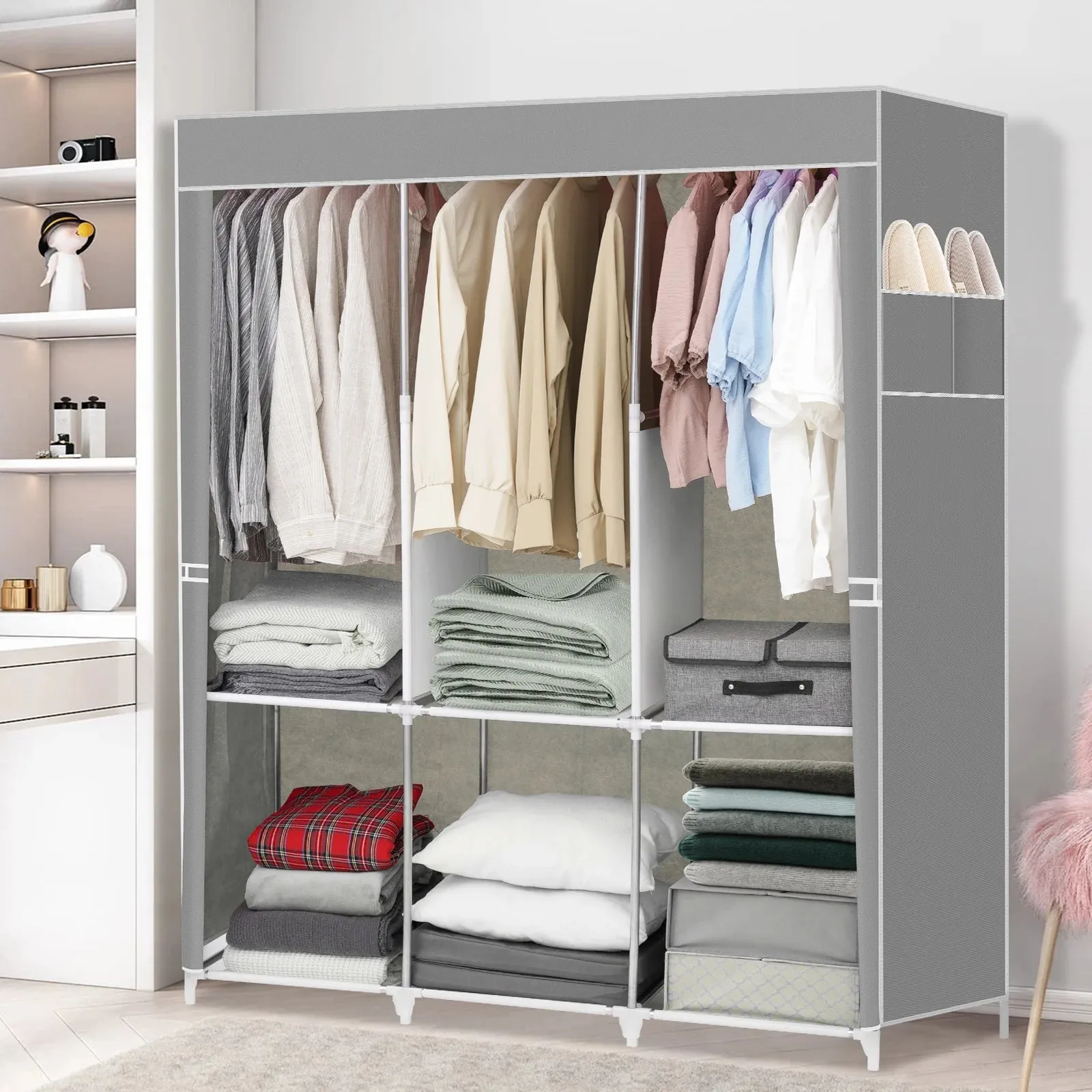HONEIER Portable Closet Storage Organizer Clothes Wardrobe Shoe Clothing Rack Shelf Dustproof Non-woven Fabric, Quick and Easy to Assemble