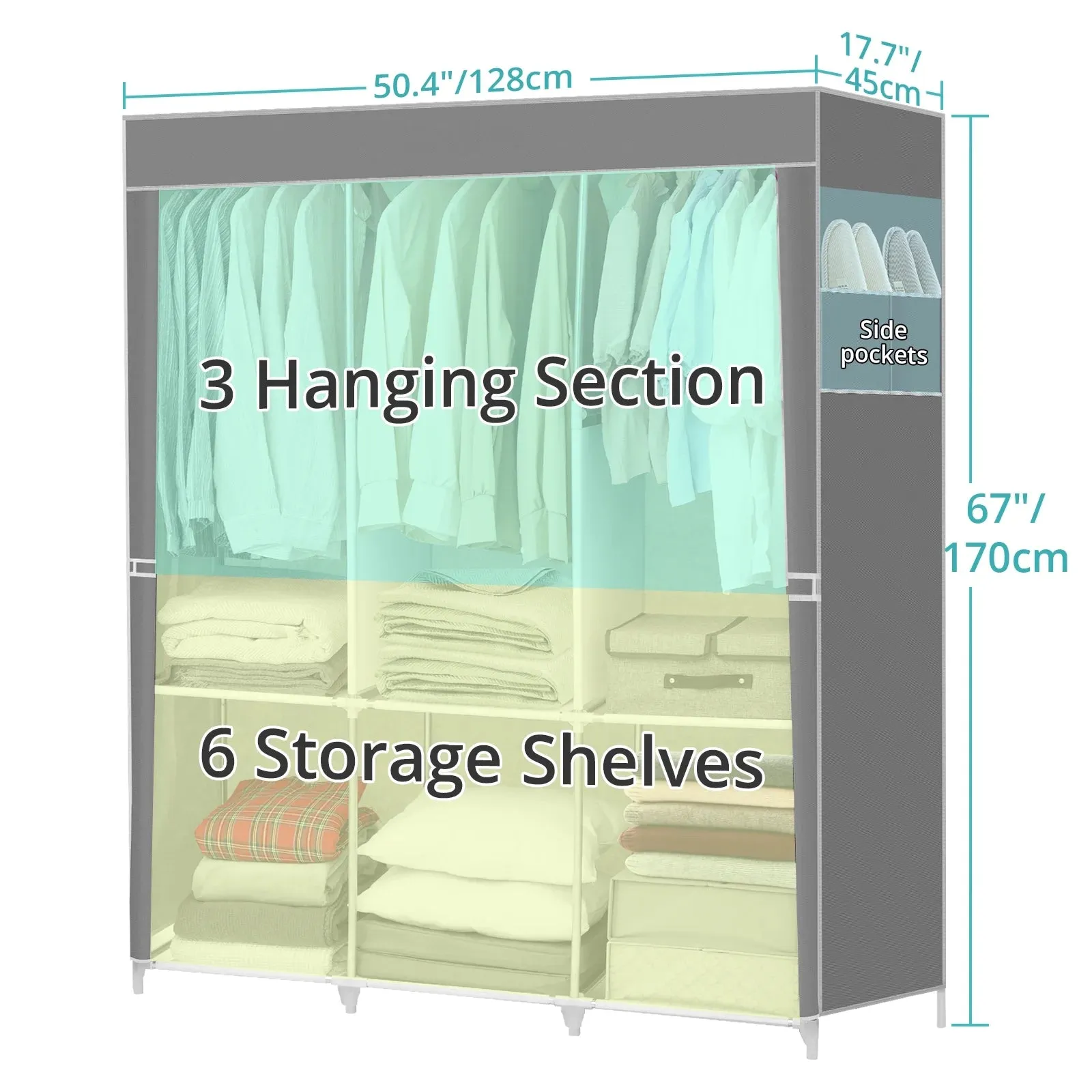 HONEIER Portable Closet Storage Organizer Clothes Wardrobe Shoe Clothing Rack Shelf Dustproof Non-woven Fabric, Quick and Easy to Assemble