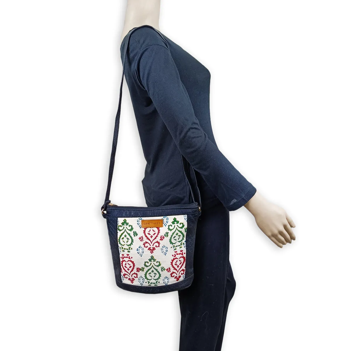 Indian Heart Block-Printed Bucket Sling Bag