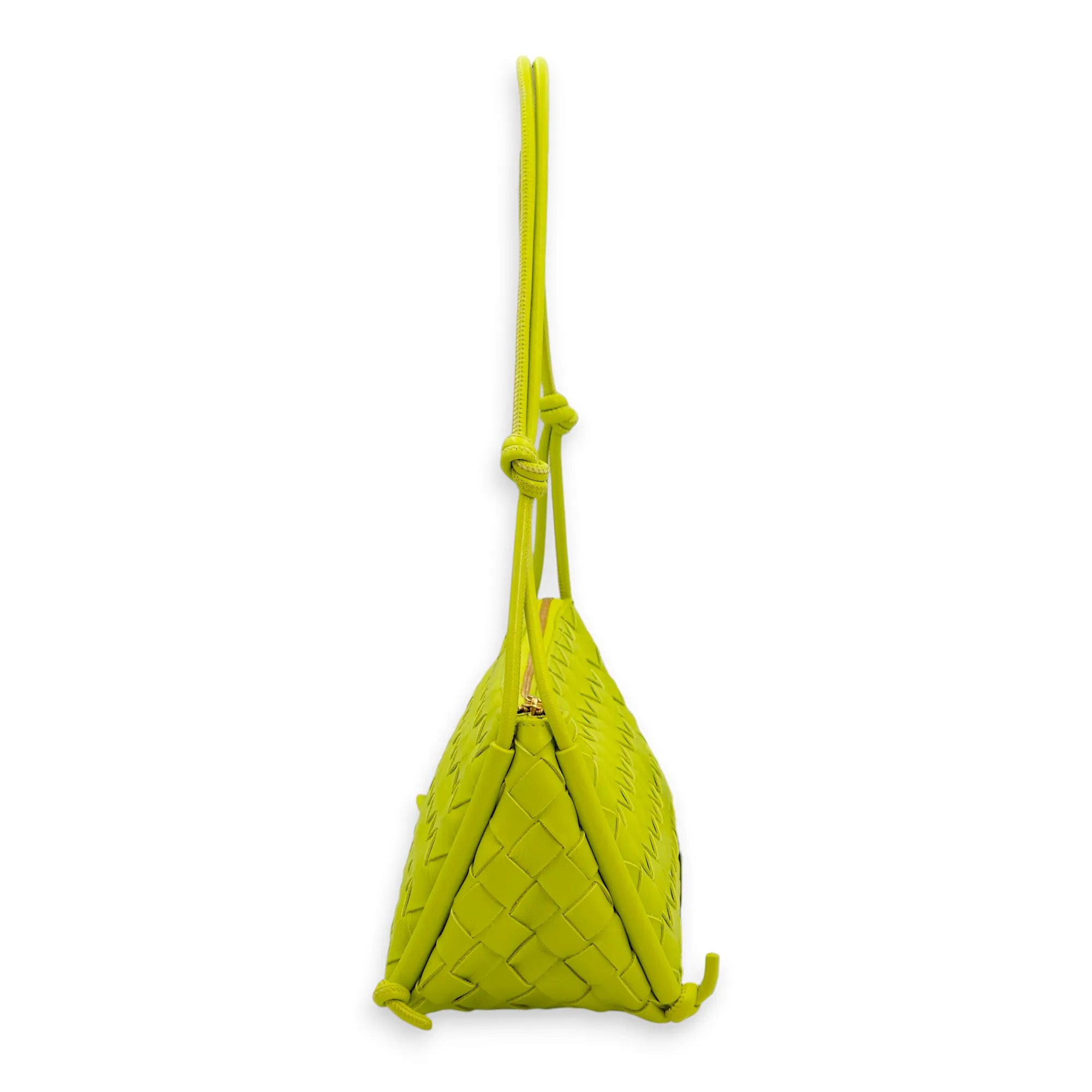 Intrecciato Zipped Lime Green Shoulder Bag in Nappa Leather, Gold hardware