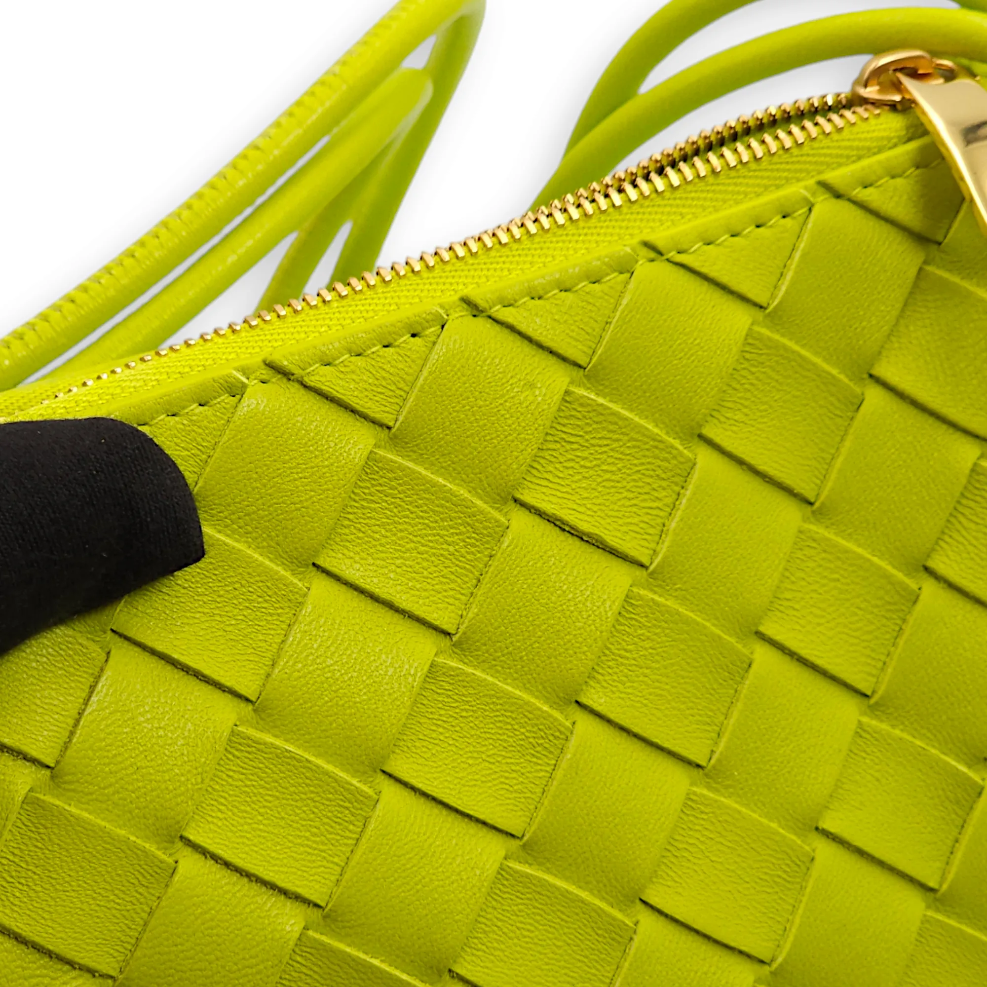 Intrecciato Zipped Lime Green Shoulder Bag in Nappa Leather, Gold hardware