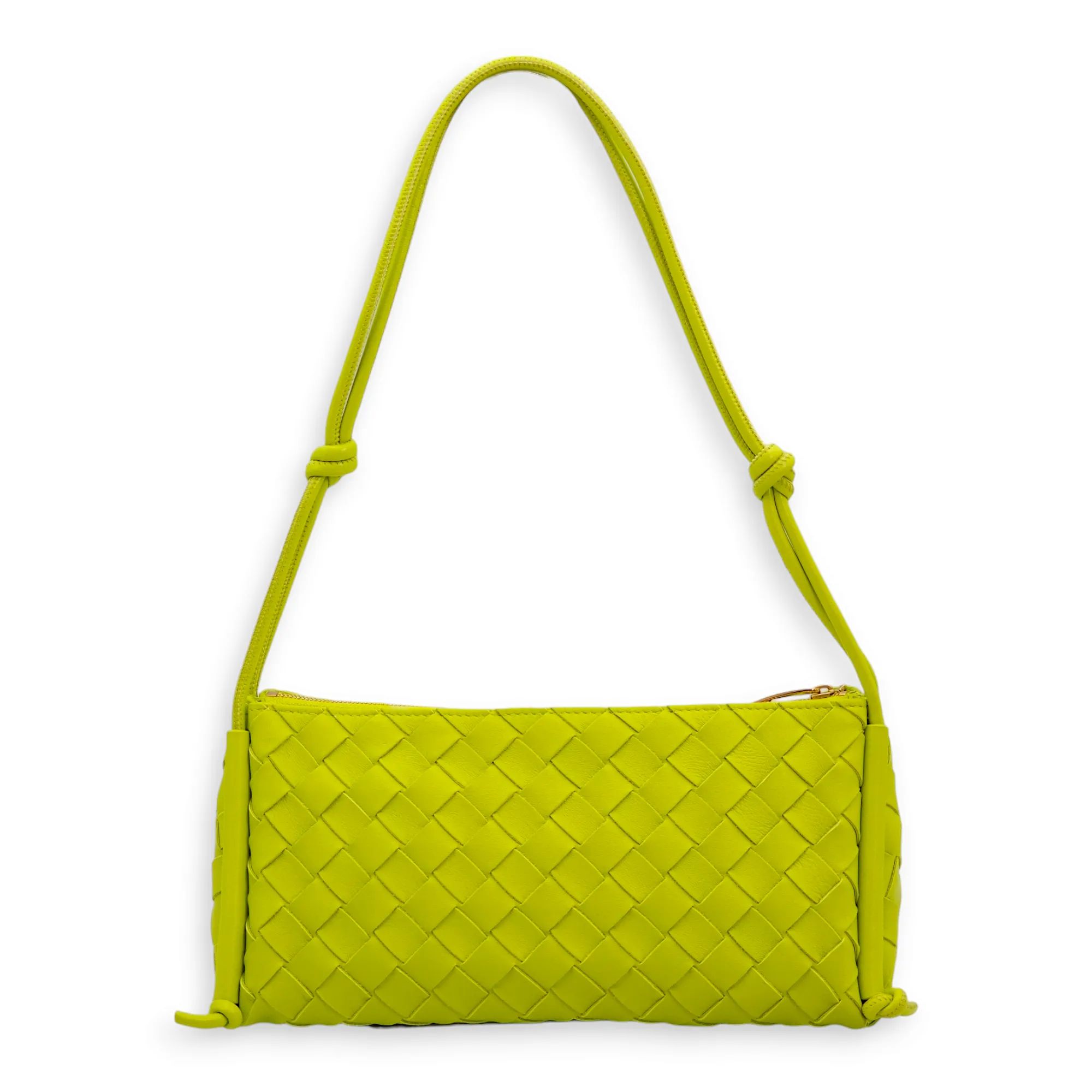 Intrecciato Zipped Lime Green Shoulder Bag in Nappa Leather, Gold hardware
