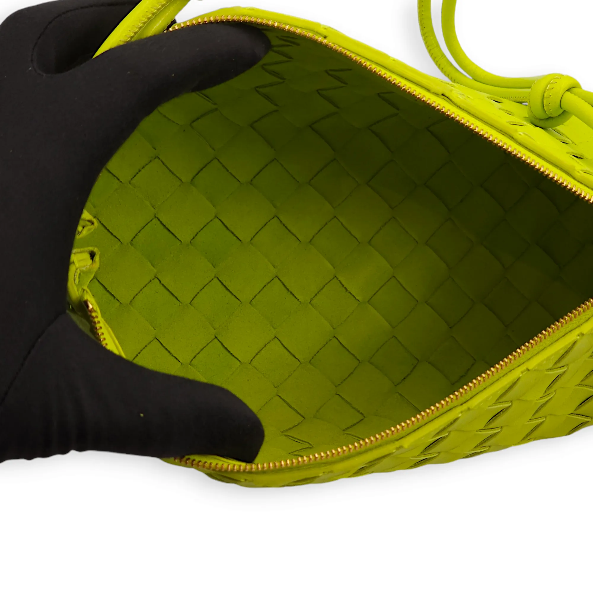 Intrecciato Zipped Lime Green Shoulder Bag in Nappa Leather, Gold hardware