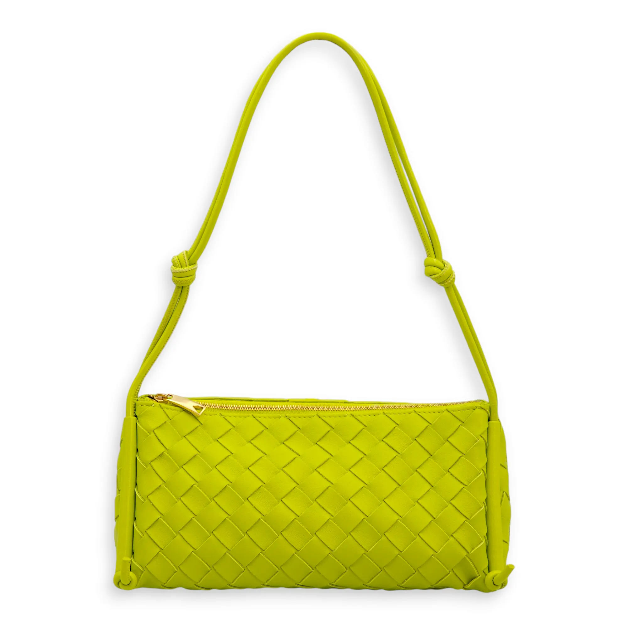 Intrecciato Zipped Lime Green Shoulder Bag in Nappa Leather, Gold hardware