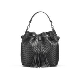 Kelly Woven Leather Bucket Bag - Black