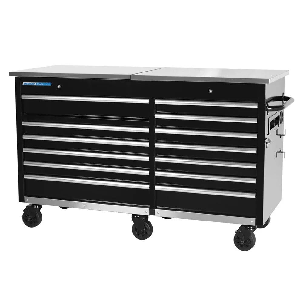 Kincrome K7371 1600mm 13 Drawer Black Twin Lid Mobile Workshop Bench Roller Trolley