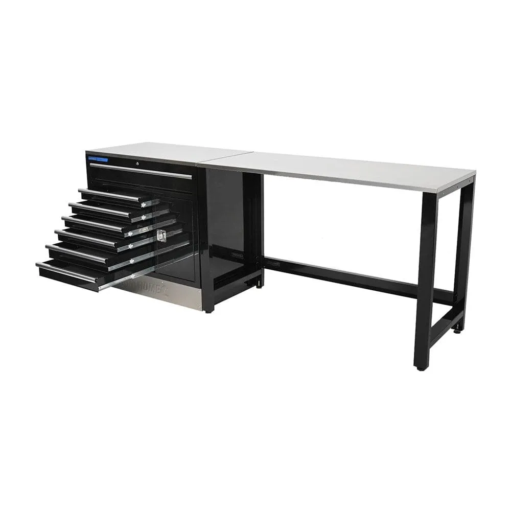 Kincrome K7372 2 Piece 2541mm x 622mm x 1000mm 7 Drawer Black Tool Cabinet & Workshop Bench Starter Kit