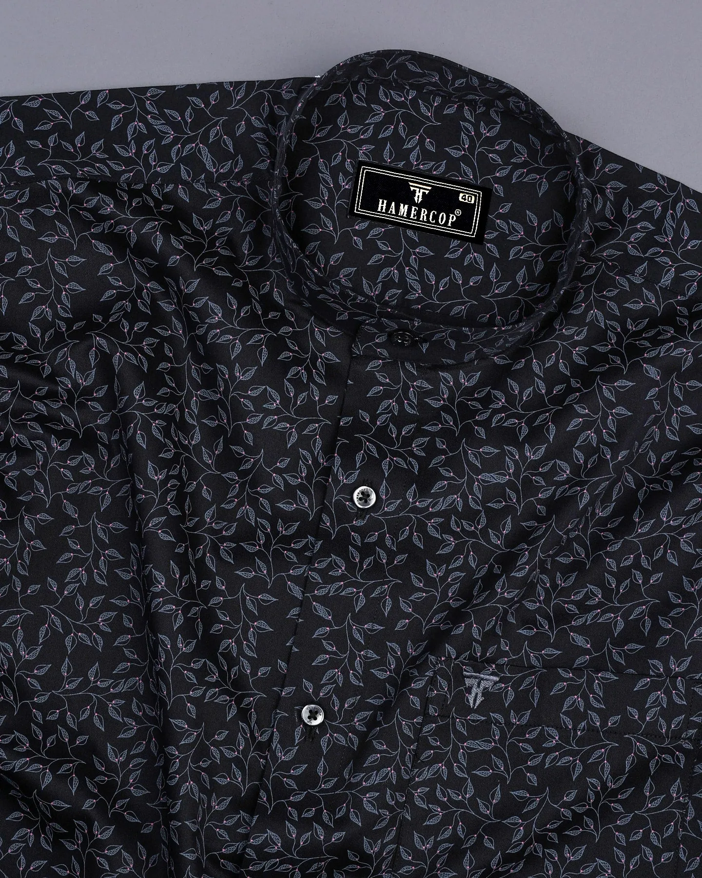 Luma Black Satin With Gray Leaf Printed Cotton Shirt