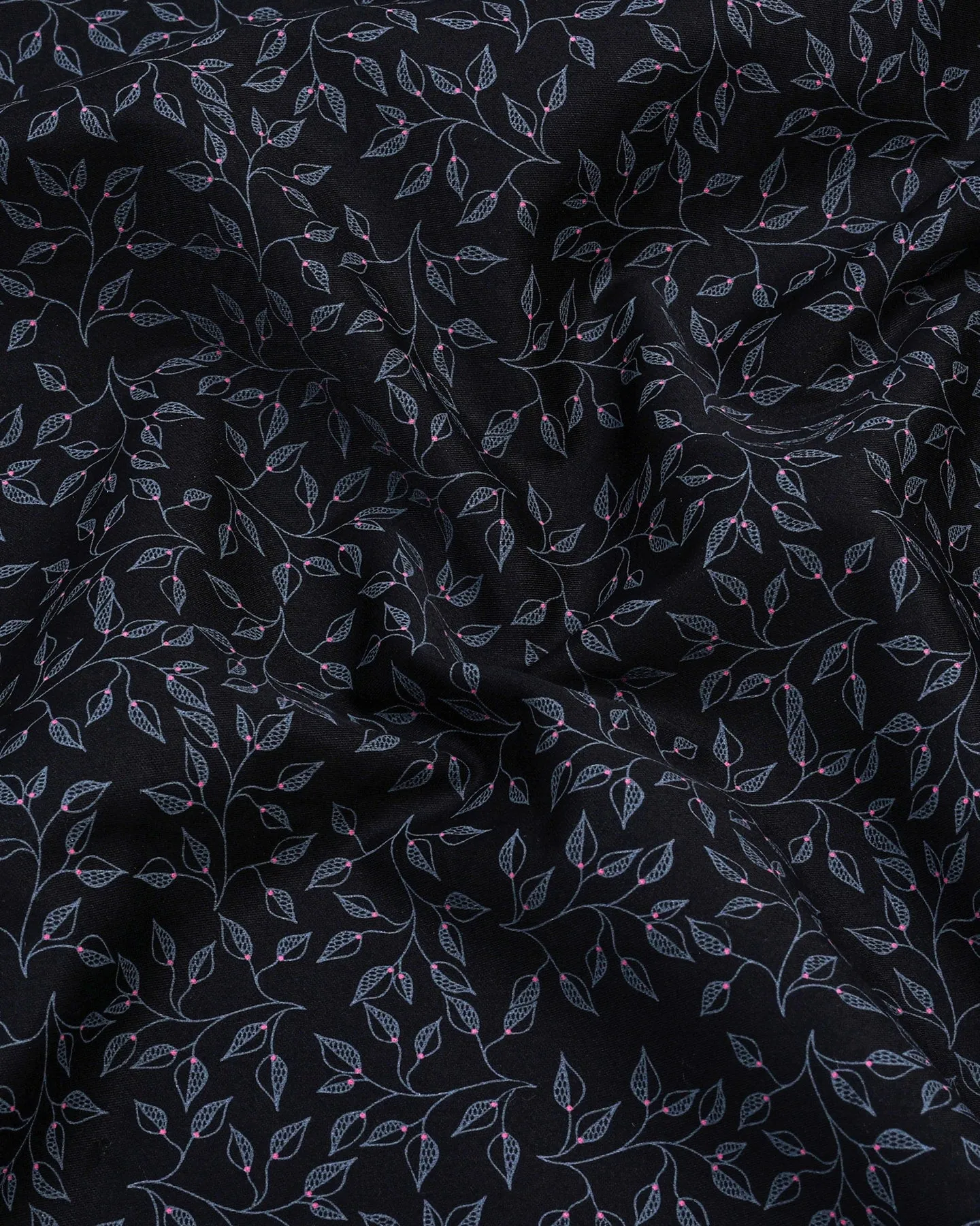 Luma Black Satin With Gray Leaf Printed Cotton Shirt